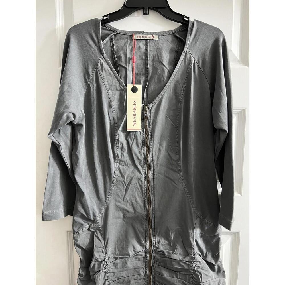XCVI Wearables Gray Ruched Zip Front Dress NWT Stretchy Artsy Modern Sz L Grunge - Picture 3 of 9
